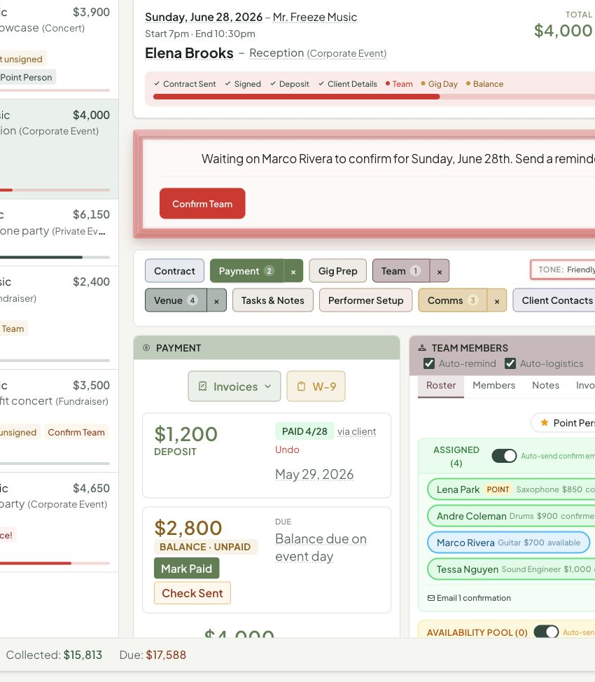 Gigs dashboard payment and contract modules