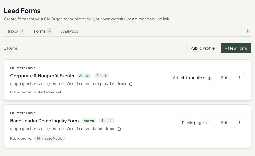 Lead forms list with public profile link